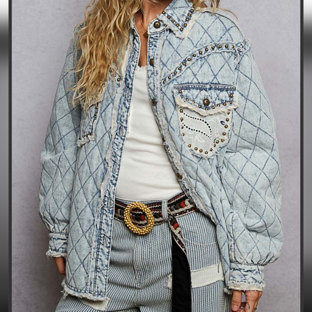 POL  Blue Quilted Denim Jacket Western Inspired Studs & Eyelet Detail